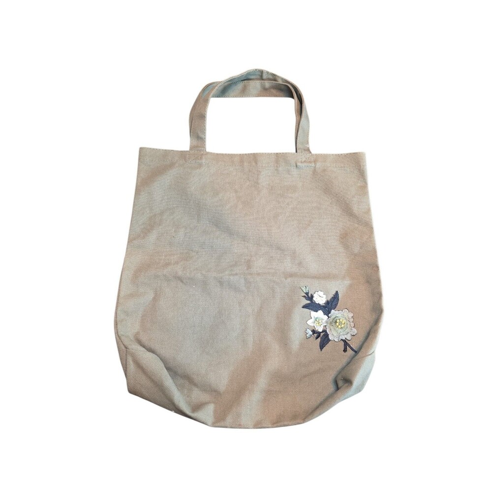 Linen Tote Bag Olive Green Floral Embroidery Boho Cottagecore Eco Friendly